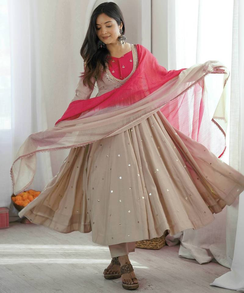 Light grey designer sequins & mirror work roman silk anarkali set