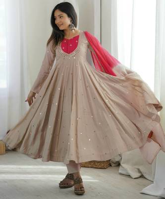 Light grey designer sequins & mirror work roman silk anarkali set 2