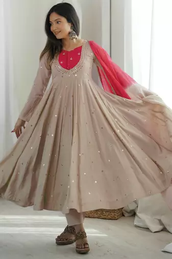 Light grey designer sequins & mirror work roman silk anarkali set