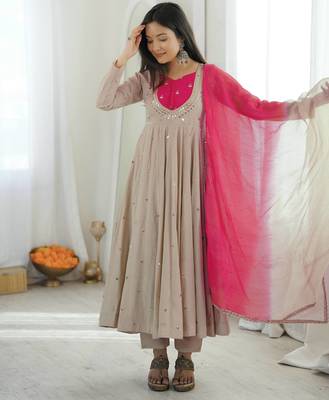 Light grey designer sequins & mirror work roman silk anarkali set 3