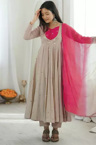 Light grey designer sequins & mirror work roman silk anarkali set
