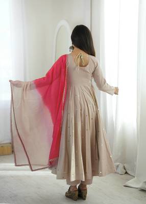 Light grey designer sequins & mirror work roman silk anarkali set 4