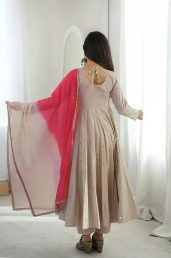 Light grey designer sequins & mirror work roman silk anarkali set