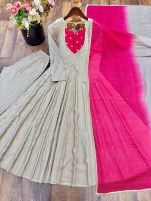 Light grey designer sequins & mirror work roman silk anarkali set 5