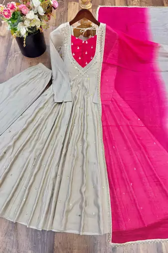 Light grey designer sequins & mirror work roman silk anarkali set