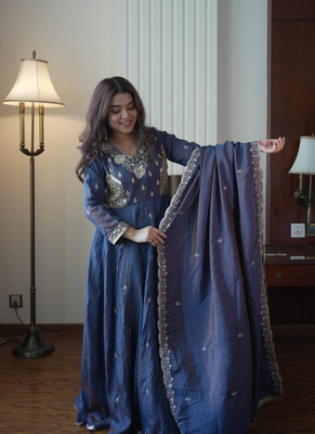 Navy blue beads & sequins embroidered vichitra silk gown set 1