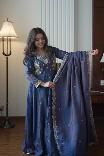 Navy blue beads & sequins embroidered vichitra silk gown set