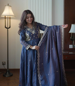 Navy blue beads & sequins embroidered vichitra silk gown set