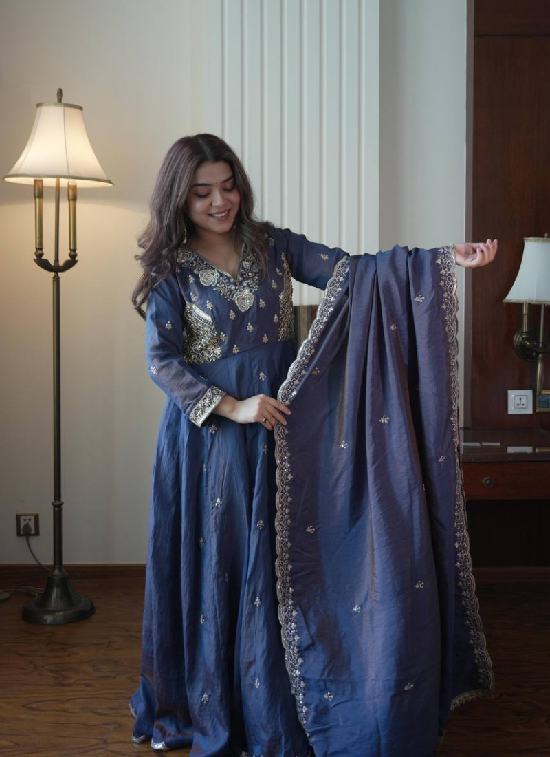 Navy blue beads & sequins embroidered vichitra silk gown set