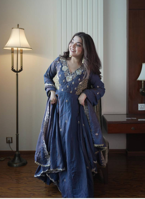 Navy blue beads & sequins embroidered vichitra silk gown set 2