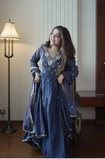 Navy blue beads & sequins embroidered vichitra silk gown set