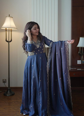 Navy blue beads & sequins embroidered vichitra silk gown set 3