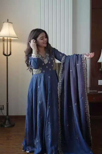 Navy blue beads & sequins embroidered vichitra silk gown set