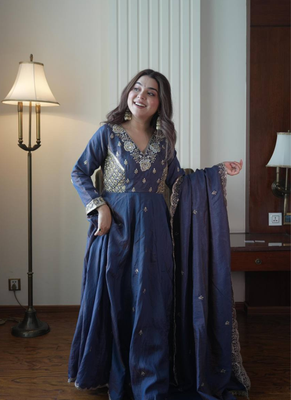 Navy blue beads & sequins embroidered vichitra silk gown set 4