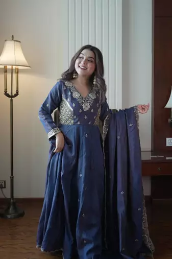 Navy blue beads & sequins embroidered vichitra silk gown set