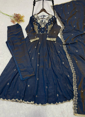 Navy blue beads & sequins embroidered vichitra silk gown set 5
