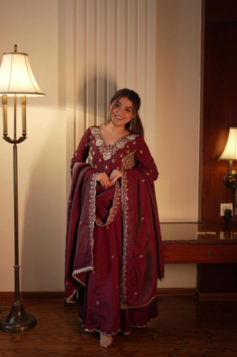 Maroon beads & sequins embroidered vichitra silk gown set