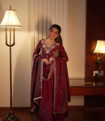 Maroon beads & sequins embroidered vichitra silk gown set
