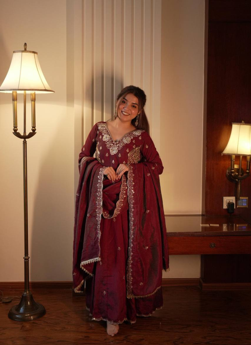 Maroon beads & sequins embroidered vichitra silk gown set
