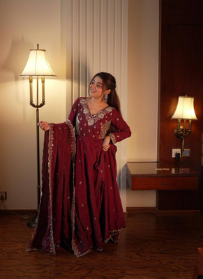 Maroon beads & sequins embroidered vichitra silk gown set 2
