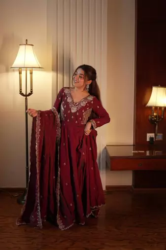 Maroon beads & sequins embroidered vichitra silk gown set