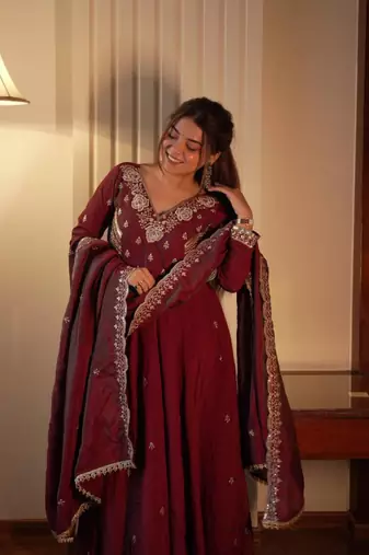 Maroon beads & sequins embroidered vichitra silk gown set