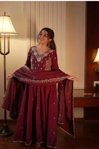 Maroon beads & sequins embroidered vichitra silk gown set