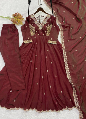 Maroon beads & sequins embroidered vichitra silk gown set 5
