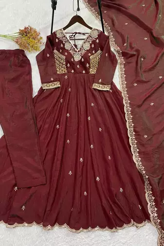 Maroon beads & sequins embroidered vichitra silk gown set