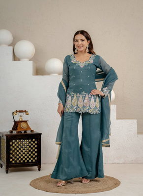 Teal blue sequins embroidered crunchy silk kurta palazzo set 1