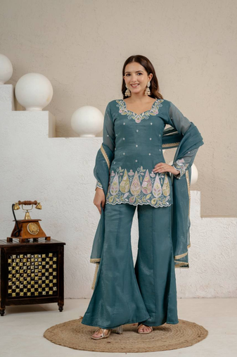 Teal blue sequins embroidered crunchy silk kurta palazzo set