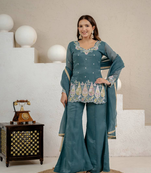 Teal blue sequins embroidered crunchy silk kurta palazzo set