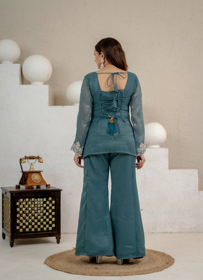Teal blue sequins embroidered crunchy silk kurta palazzo set 2