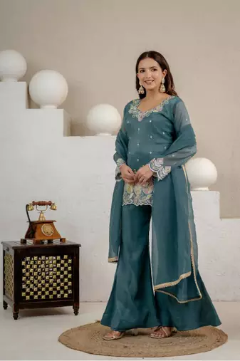 Teal blue sequins embroidered crunchy silk kurta palazzo set