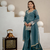 Teal blue sequins embroidered crunchy silk kurta palazzo set