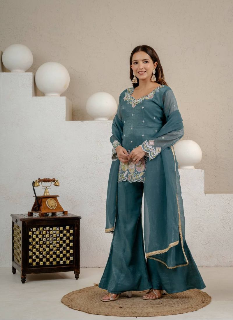 Teal blue sequins embroidered crunchy silk kurta palazzo set