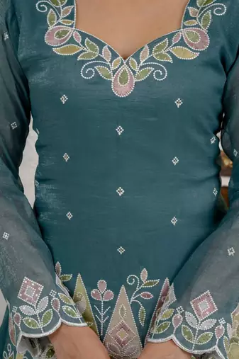 Teal blue sequins embroidered crunchy silk kurta palazzo set