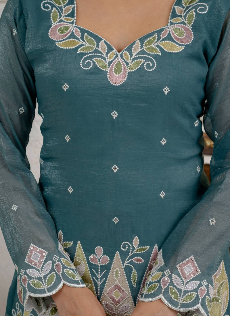 Teal blue sequins embroidered crunchy silk kurta palazzo set