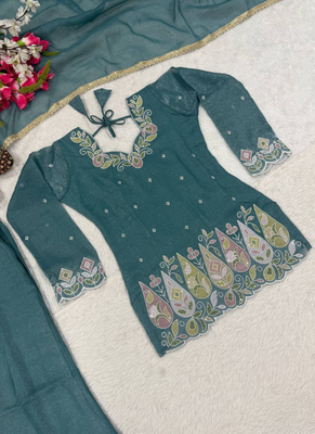 Teal blue sequins embroidered crunchy silk kurta palazzo set 5