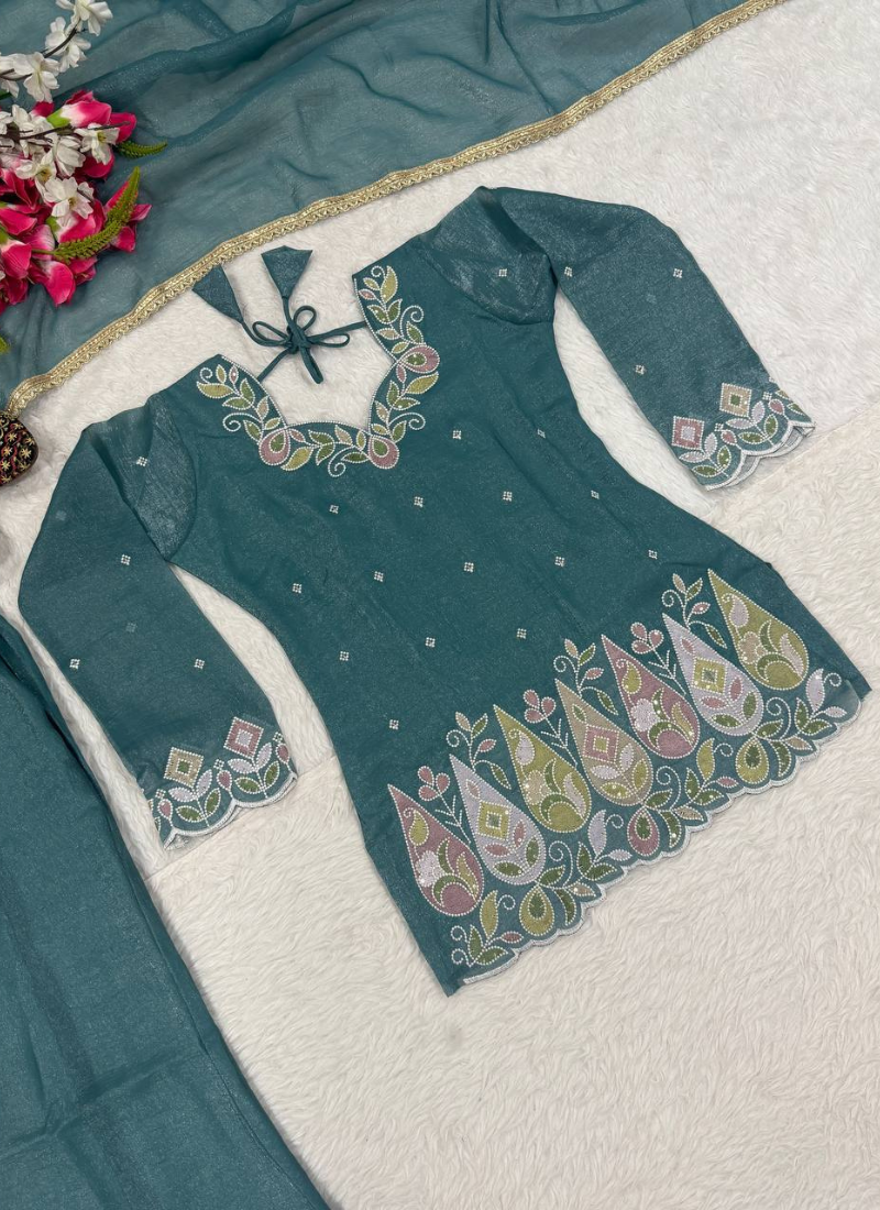 Teal blue sequins embroidered crunchy silk kurta palazzo set