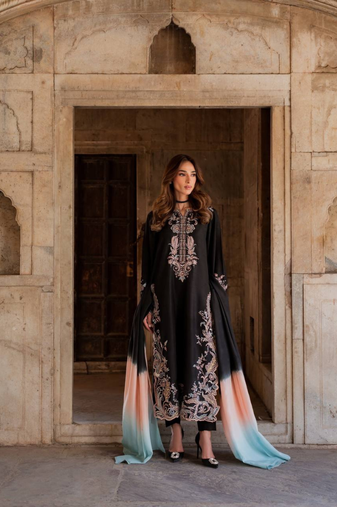 Black embroidery work satin kurta with pant & dupatta