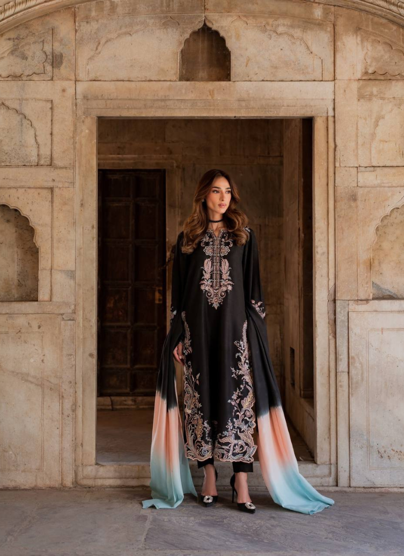 Black embroidery work satin kurta with pant & dupatta