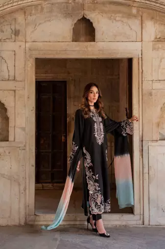 Black embroidery work satin kurta with pant & dupatta