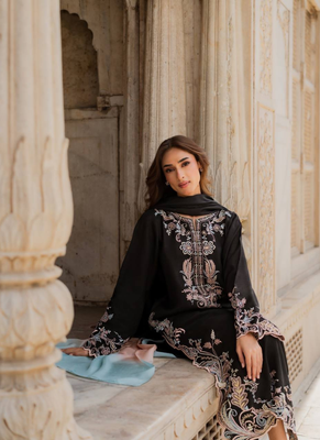 Black embroidery work satin kurta with pant & dupatta 4