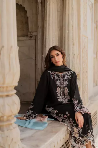 Black embroidery work satin kurta with pant & dupatta