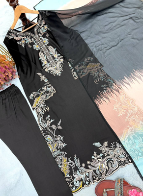 Black embroidery work satin kurta with pant & dupatta 5