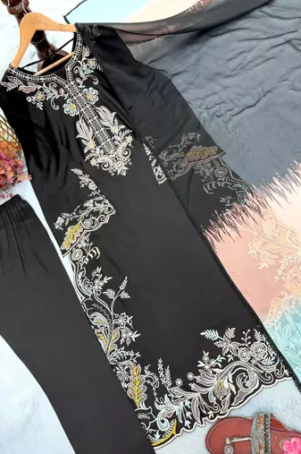 Black embroidery work satin kurta with pant & dupatta