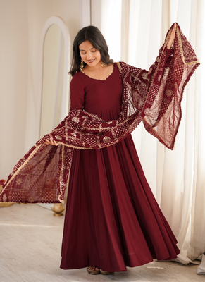 Maroon roman chanderi gown with pant & heavy zari work dupatta 1