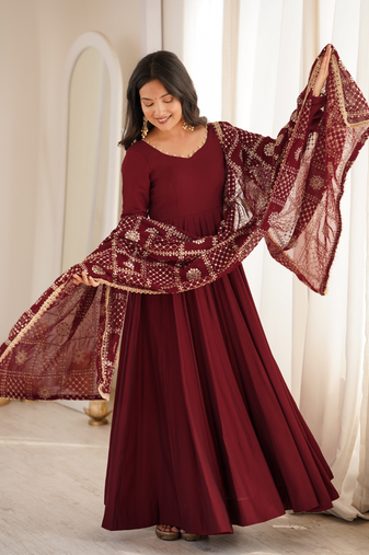 Maroon roman chanderi gown with pant & heavy zari work dupatta