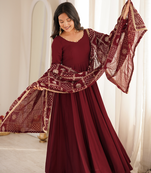 Maroon roman chanderi gown with pant & heavy zari work dupatta